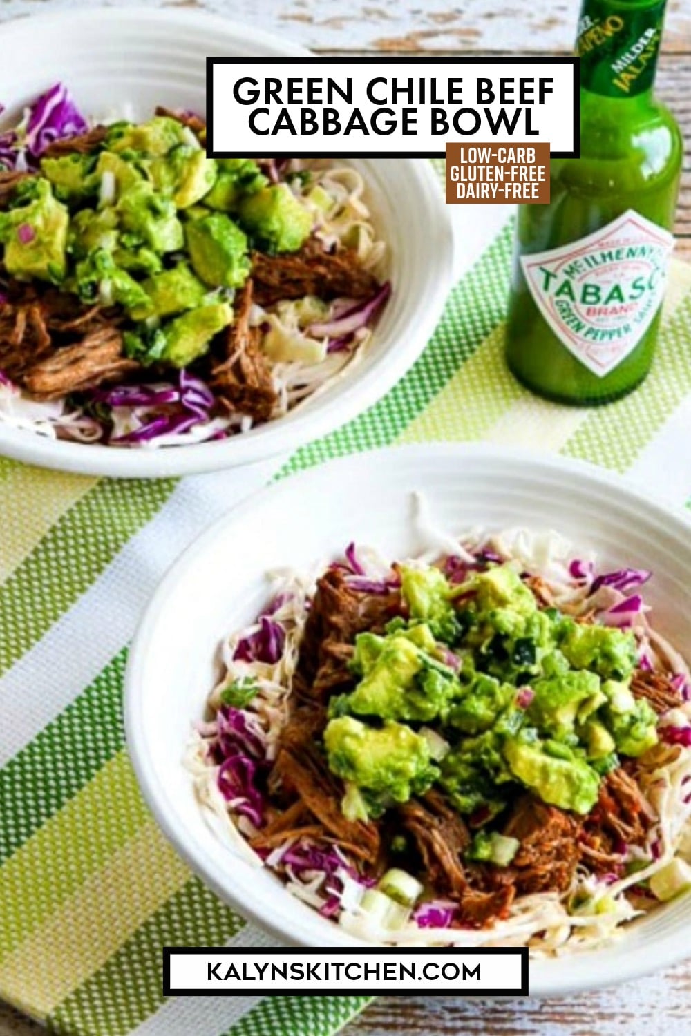 Pinterest image of Green Chile Beef Cabbage Bowl