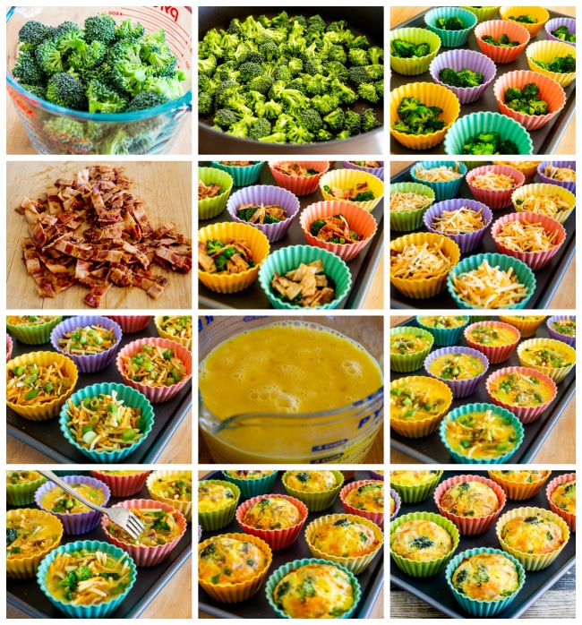 Keto Egg Muffins with Broccoli, Bacon, and Cheese process shots collage