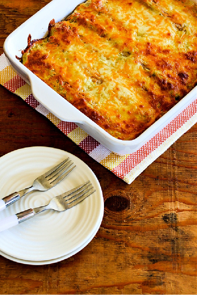 Low-Carb Green Chile Chicken Enchilada Casserole finished casserole in baking dish