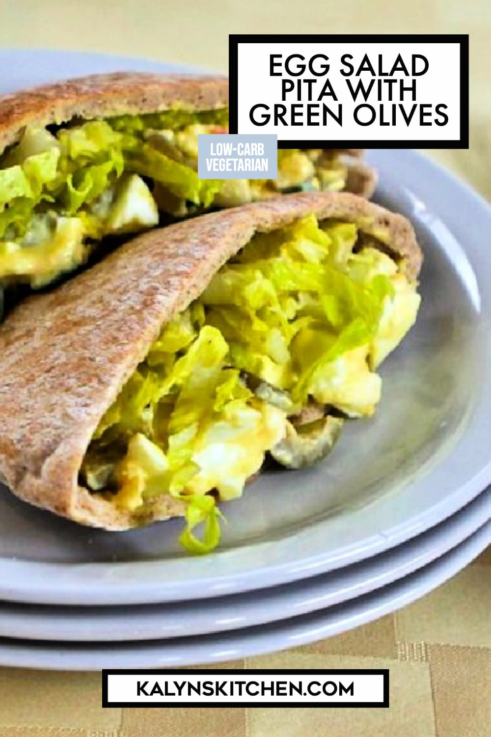 Pinterest image of Egg Salad Pita with Green Olives