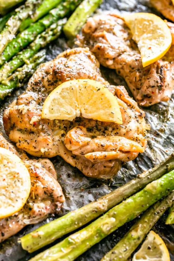 One Pan Lemon Garlic Butter Chicken Thighs and Asparagus from Diethood