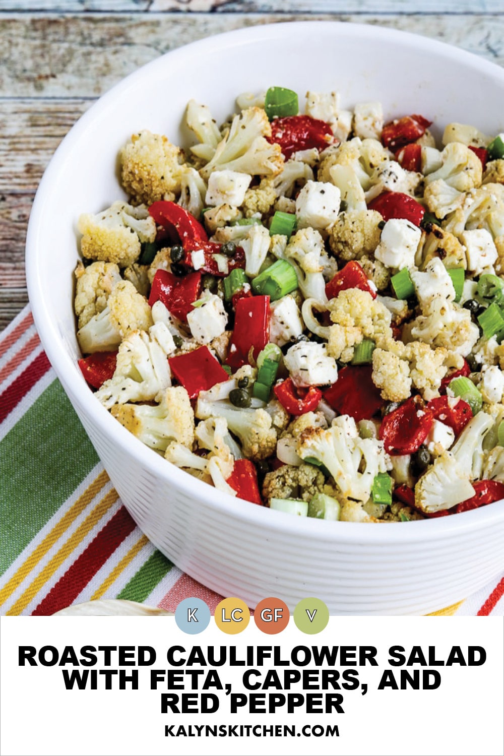 Pinterest image of Roasted Cauliflower Salad with Feta, Capers, and Red Pepper