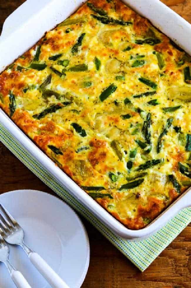 Breakfast Casserole with Asparagus and Artichokes, shown in baking dish.