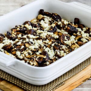 Square image of Balsamic Chicken and Mushrooms shown in baking dish.