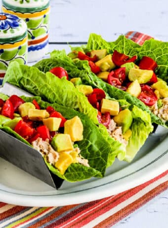 Square image of shown in taco holder on serving plate.