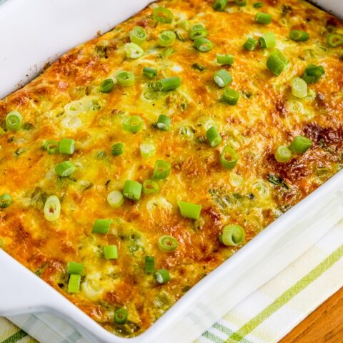 Green Chile and Cheese Keto Breakfast Casserole close-up photo of finished breakfast casserole in baking dish