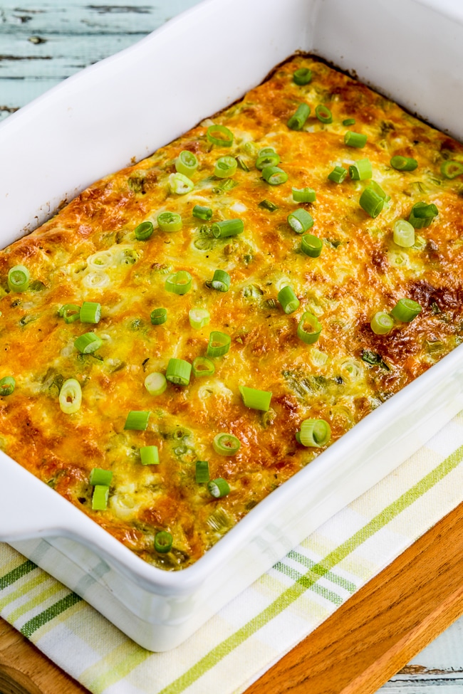 Green Chile and Cheese Keto Breakfast Casserole close-up photo of finished breakfast casserole in baking dish
