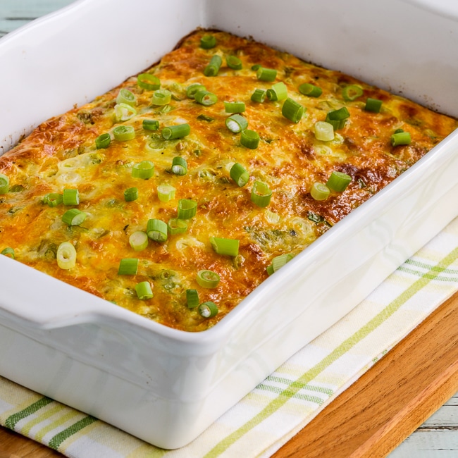 Green Chile and Cheese Keto Breakfast Casserole thumbnail image of finished breakfast casserole in baking dish