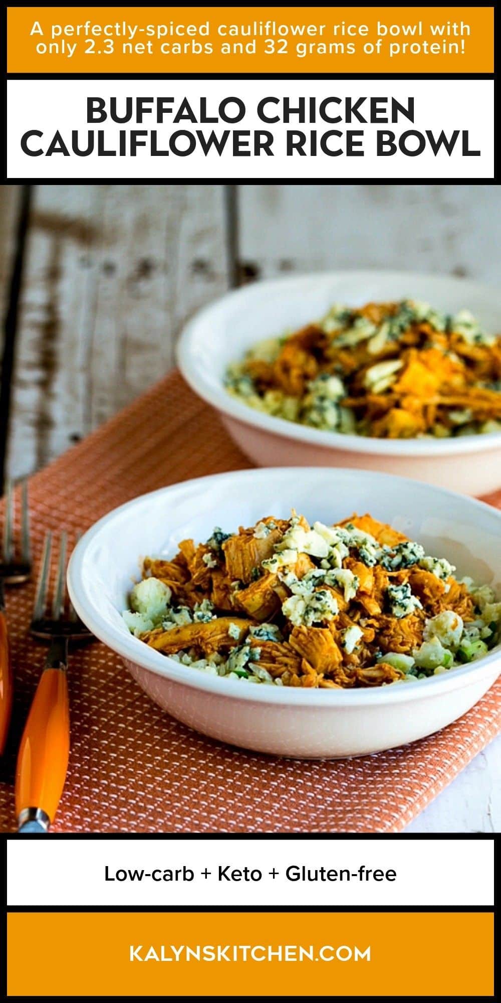 Pinterest image for Buffalo Chicken Cauliflower Rice Bowl showing two bowls on orange-white napkin.
