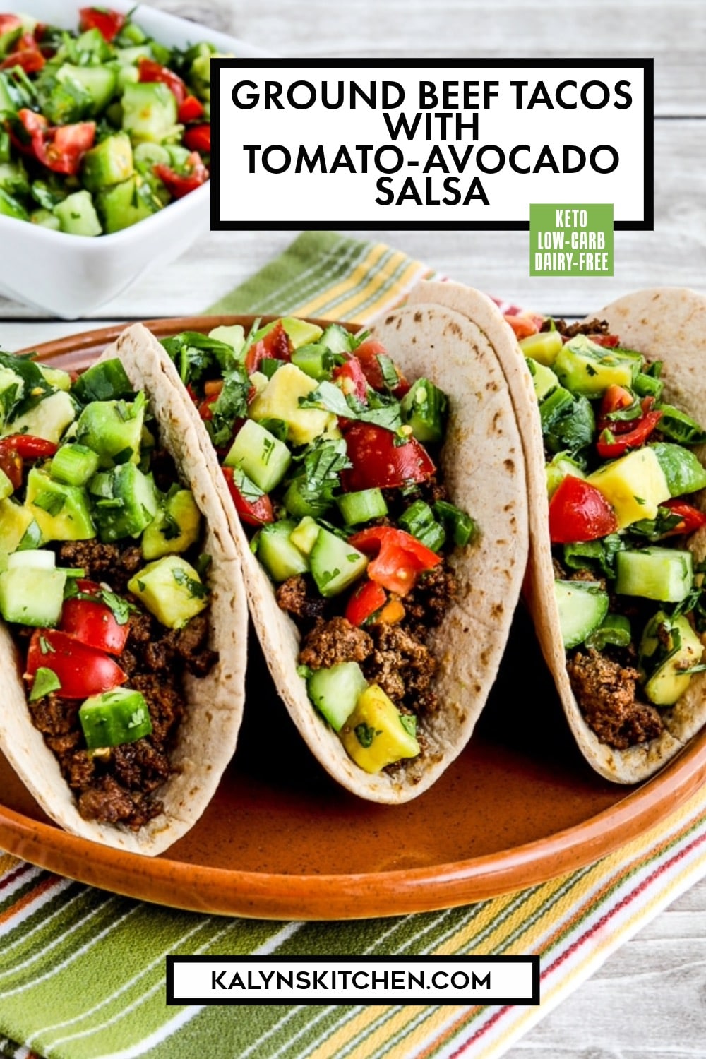 Pinterest image of Ground Beef Tacos with Tomato-Avocado Salsa