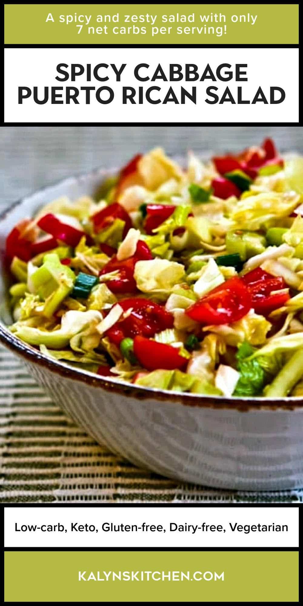 Pinterest image for Spicy Cabbage Puerto Rican Salad shown in serving bowl.