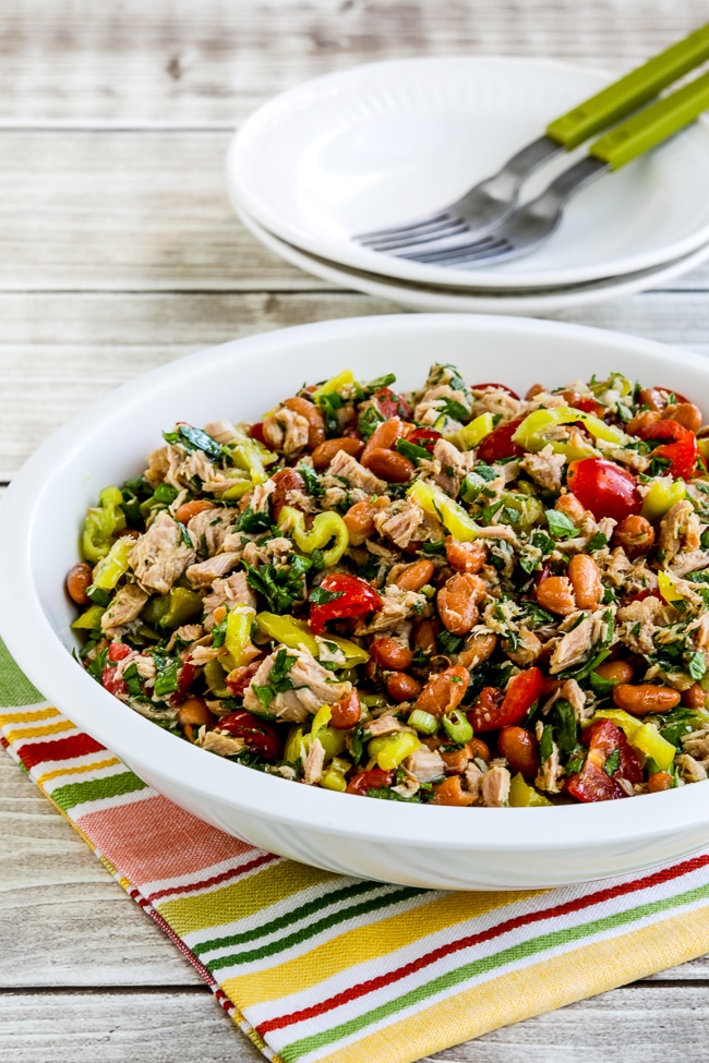 Pinto Bean Salad with Tuna, Tomatoes, and Peperoncini finished salad in serving bowl