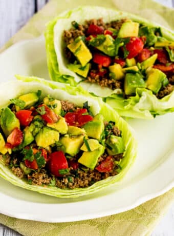 Square image of Turkey Lettuce Wrap Tacos with two taco lettuce wraps on serving plate.