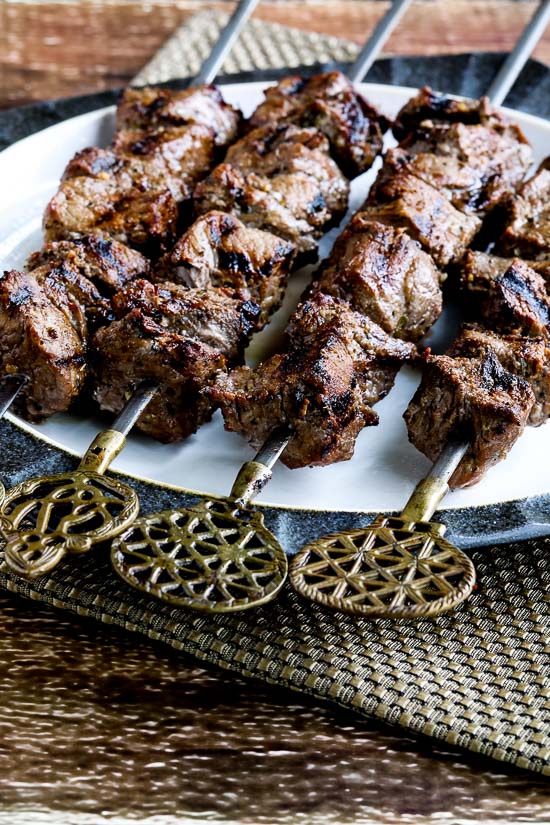 Low-Carb marinated beef kabobs on skewers