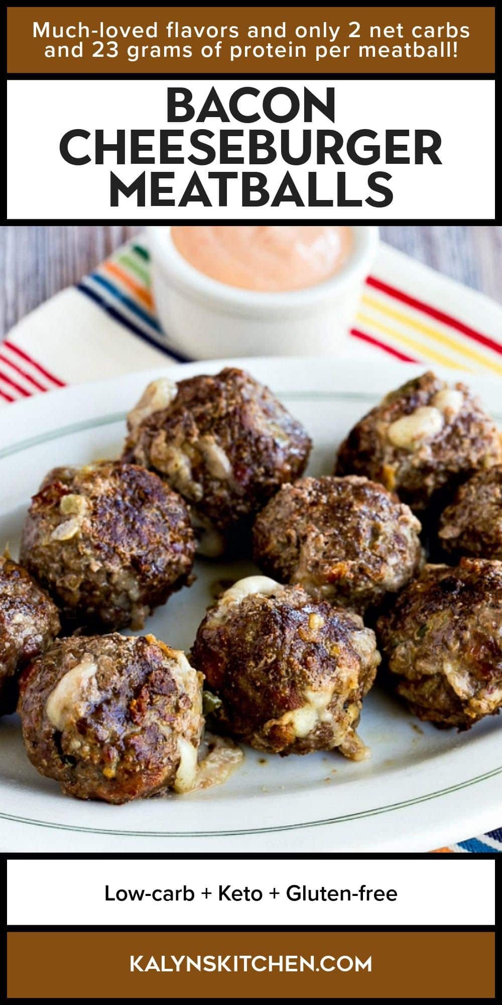 Pinterest image for Bacon Cheeseburger Meatballs, showing meatballs on plate with sauce.