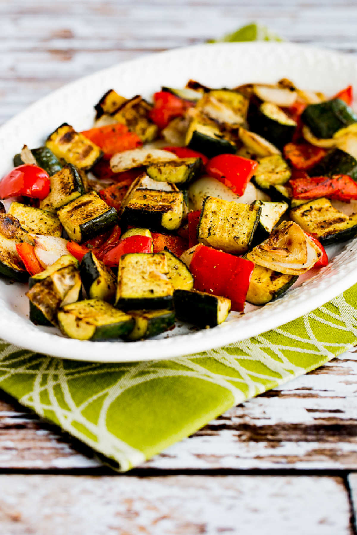 Easy Grilled Vegetables on serving platter with green napkin