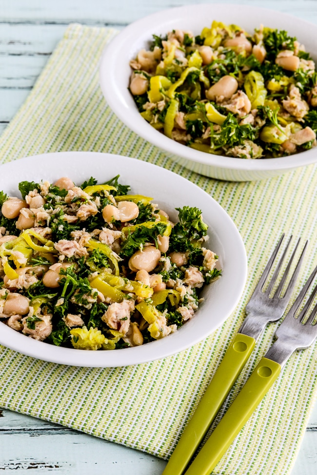 Cannellini Bean and Tuna Salad with Peperoncini finished salad in serving bowls