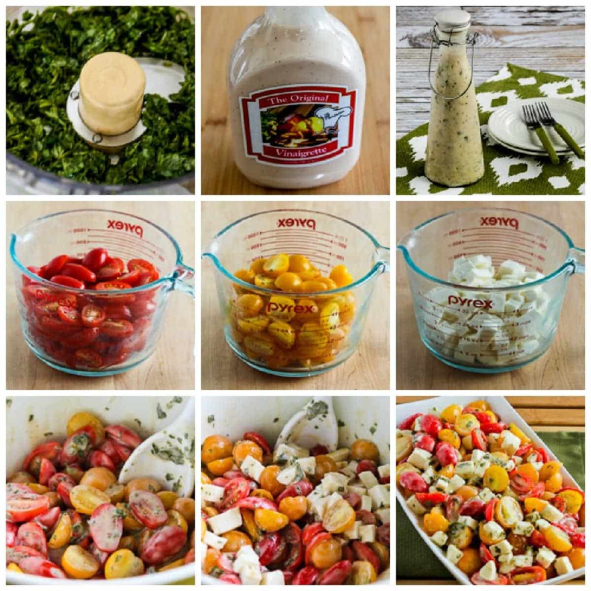 cherry tomato caprese salad process shots collage