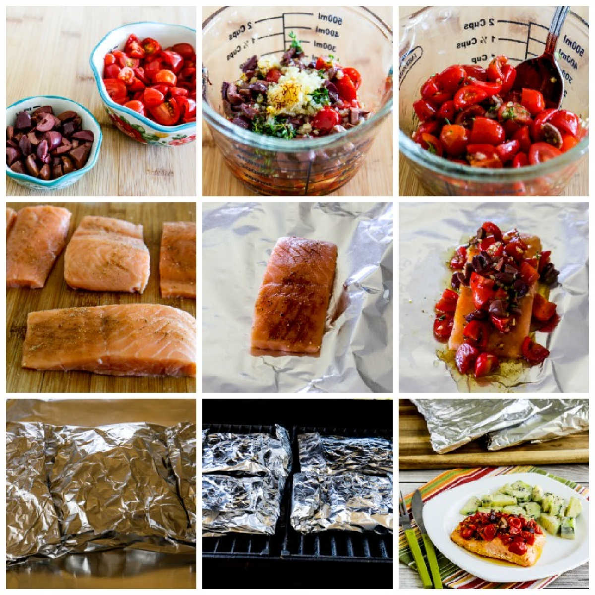 process shots collage for Salmon Foil Packets with Tomatoes and Olives