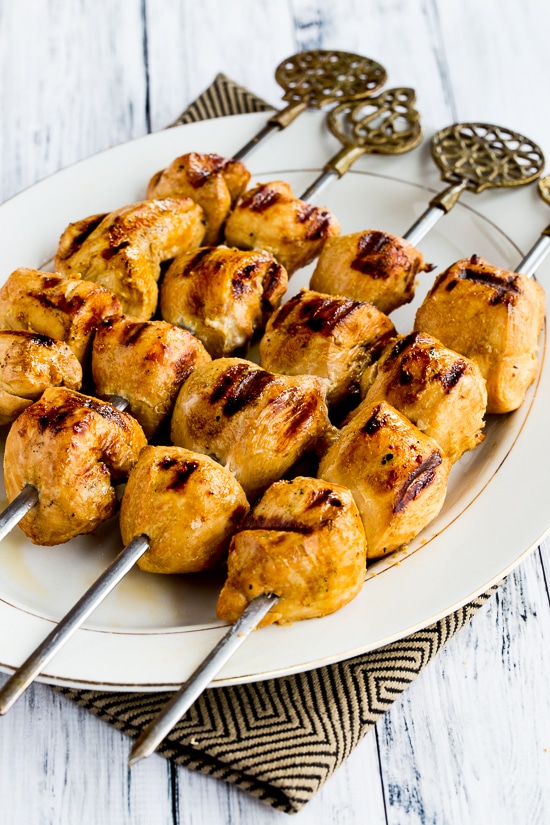 Grilled Chicken Kabobs with Asian Marinade shown on serving plate from Kalyn's Kitchen