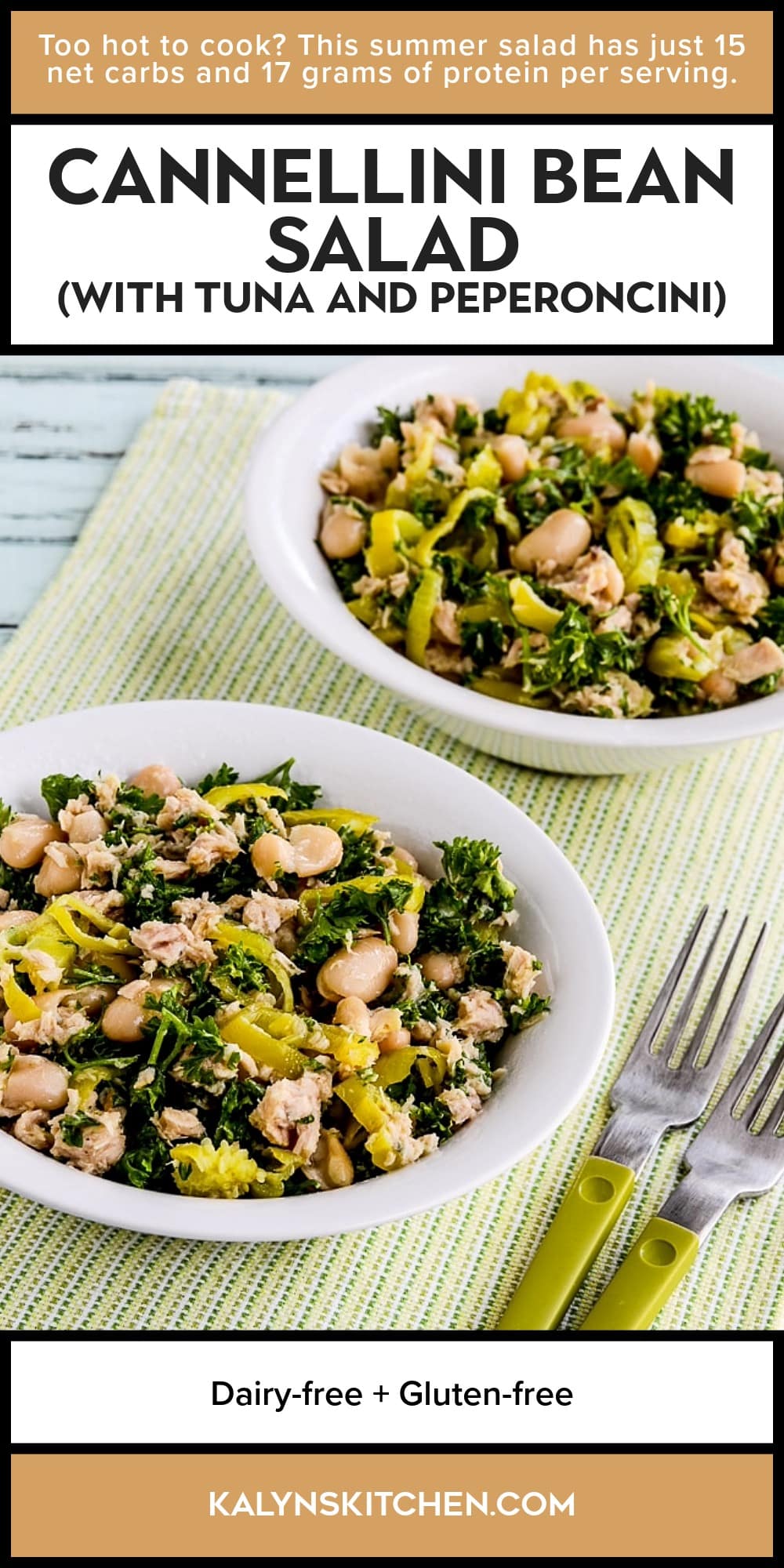 Pinterest image of A no-cook summer salad with only 15 net carbs and 17 grams of protein per serving.