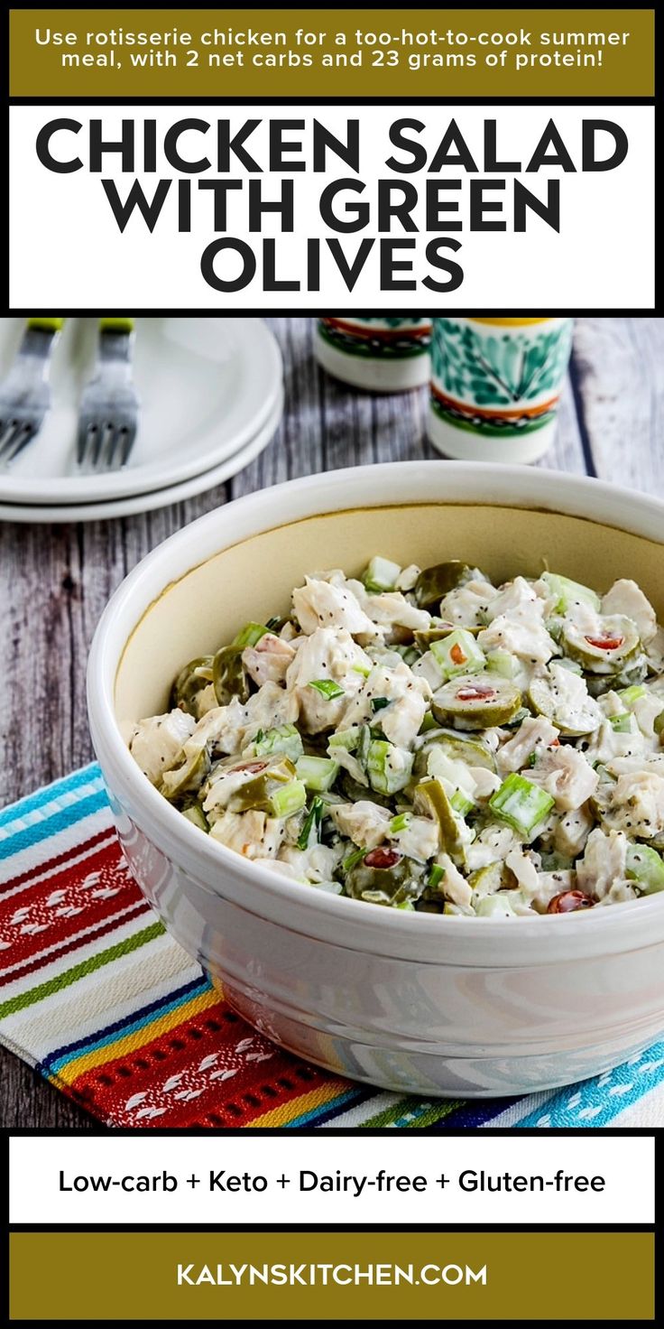 Pinterest image for Chicken Salad with Green Olives shown in serving bowl.