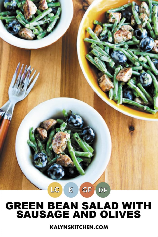Pinterest image of Green Bean Salad with Sausage and Olives