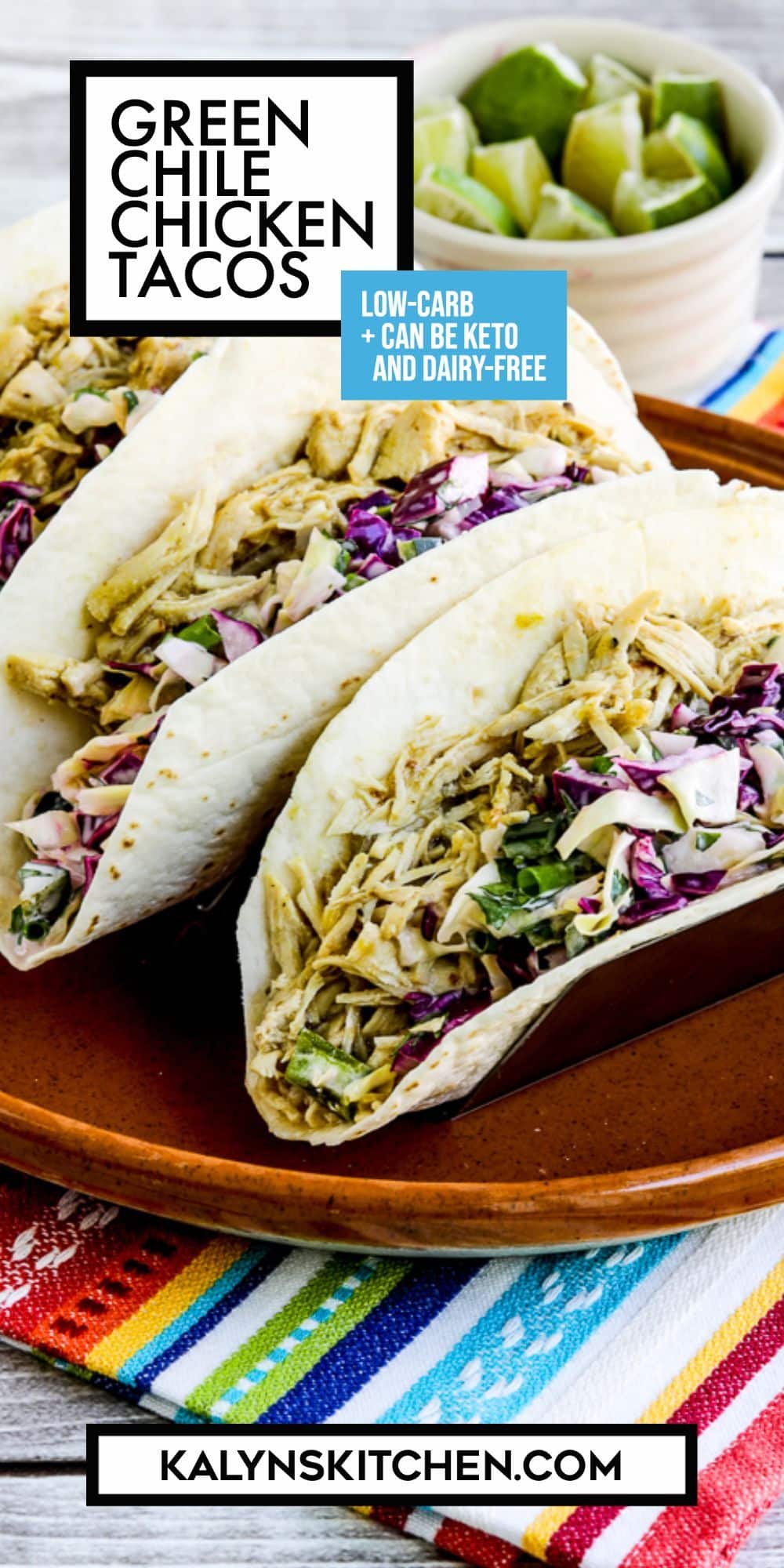 Pinterest image for Green Chile Chicken Tacos, showing three tacos in taco holder.