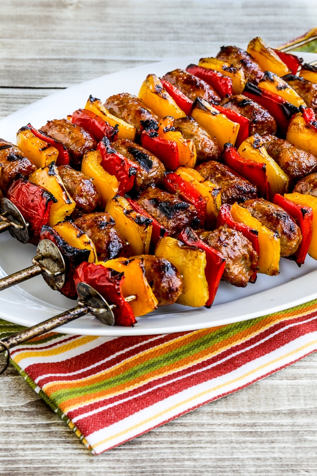 Grilled Sausage and Peppers finished kabobs on plate