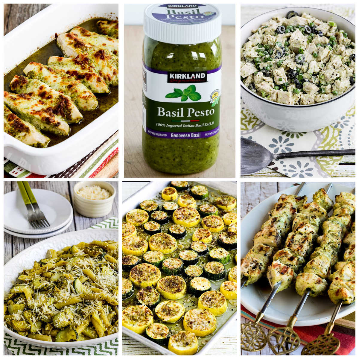 Kalyn's Kitchen Picks: Kirkland Basil Pesto collage with pesto and featured recipes.