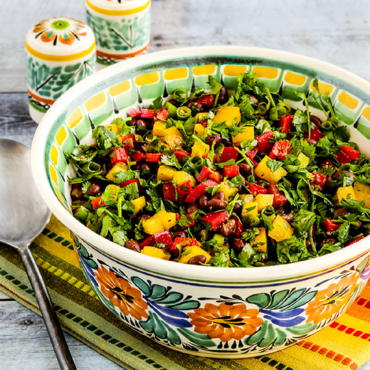 Square image of Black Bean Salad with Peppers shown in Mexican bowl with salt-pepper in back.