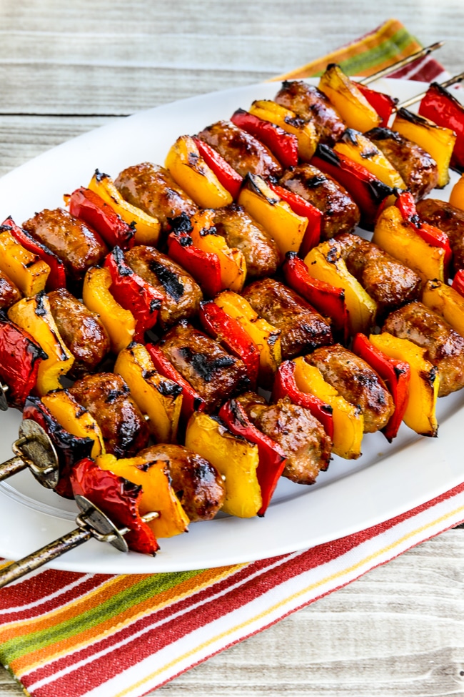 Grilled Sausage and Peppers close-up photo of finished kabobs on plate