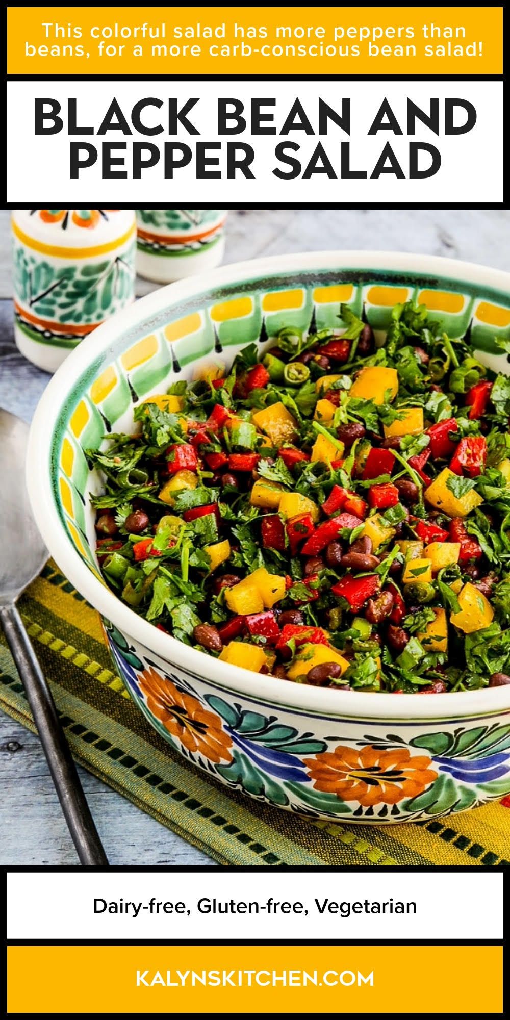 Pinterest image for Black Bean and Pepper Salad shown in colorful Mexican bowl.