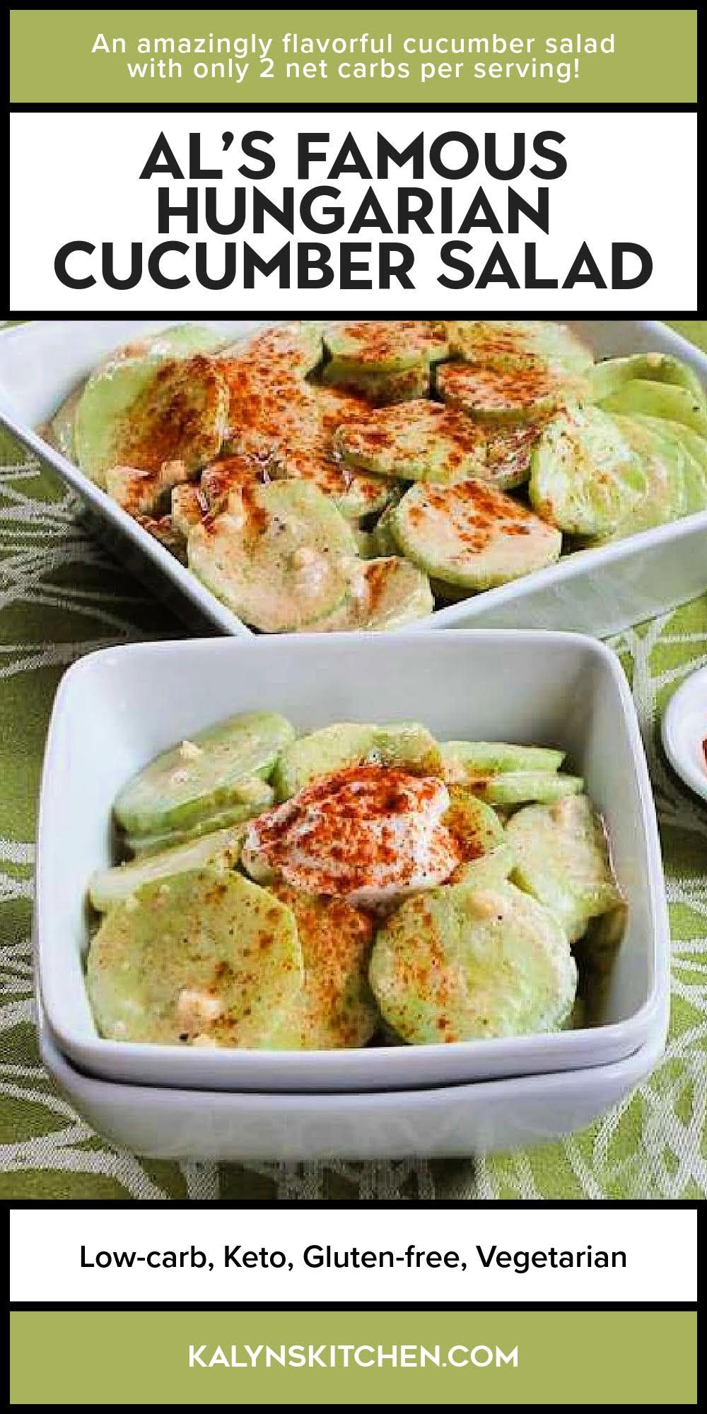 Pinterest image for Hungarian Cucumber Salad shown in serving bowl.