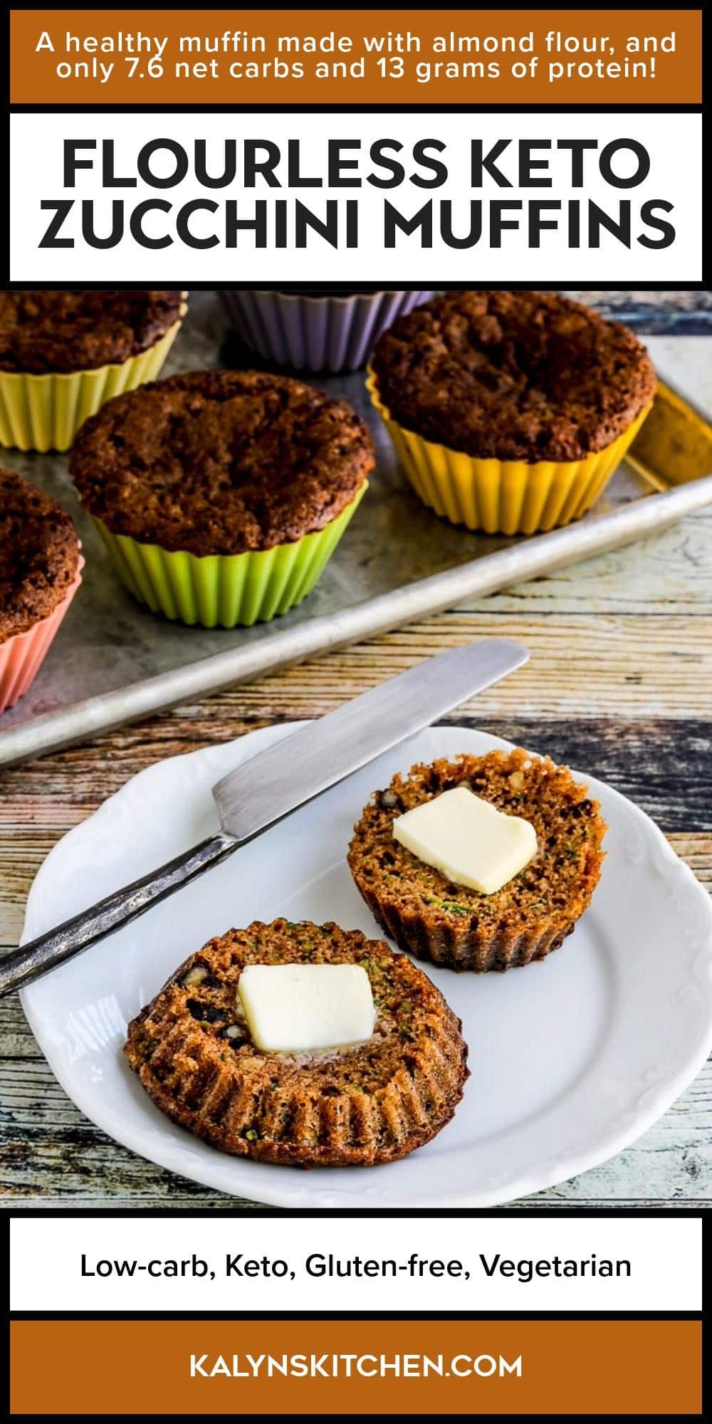 Pinterest image for Keto Zucchini Muffins showing one cut muffin on plate with butter.