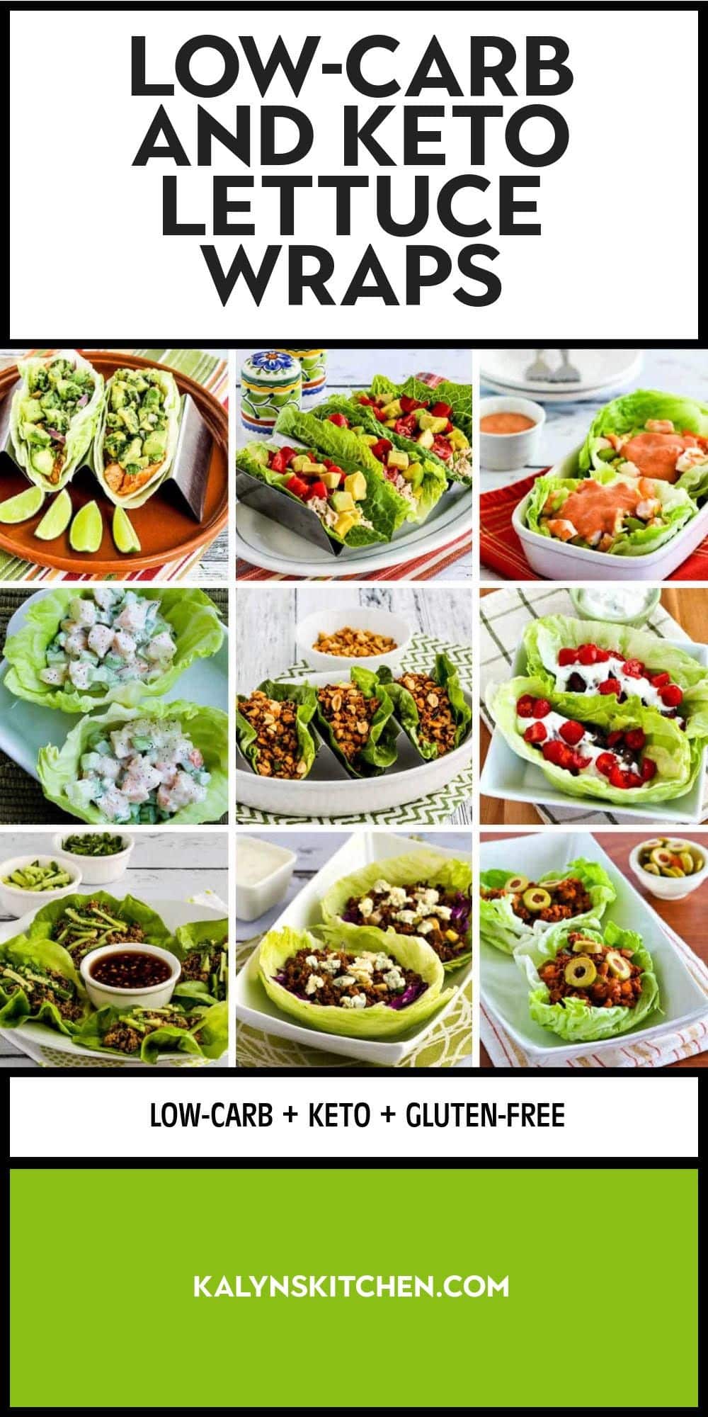 Pinterest image for Low-Carb and Keto Lettuce Wraps with collage showing featured recipes