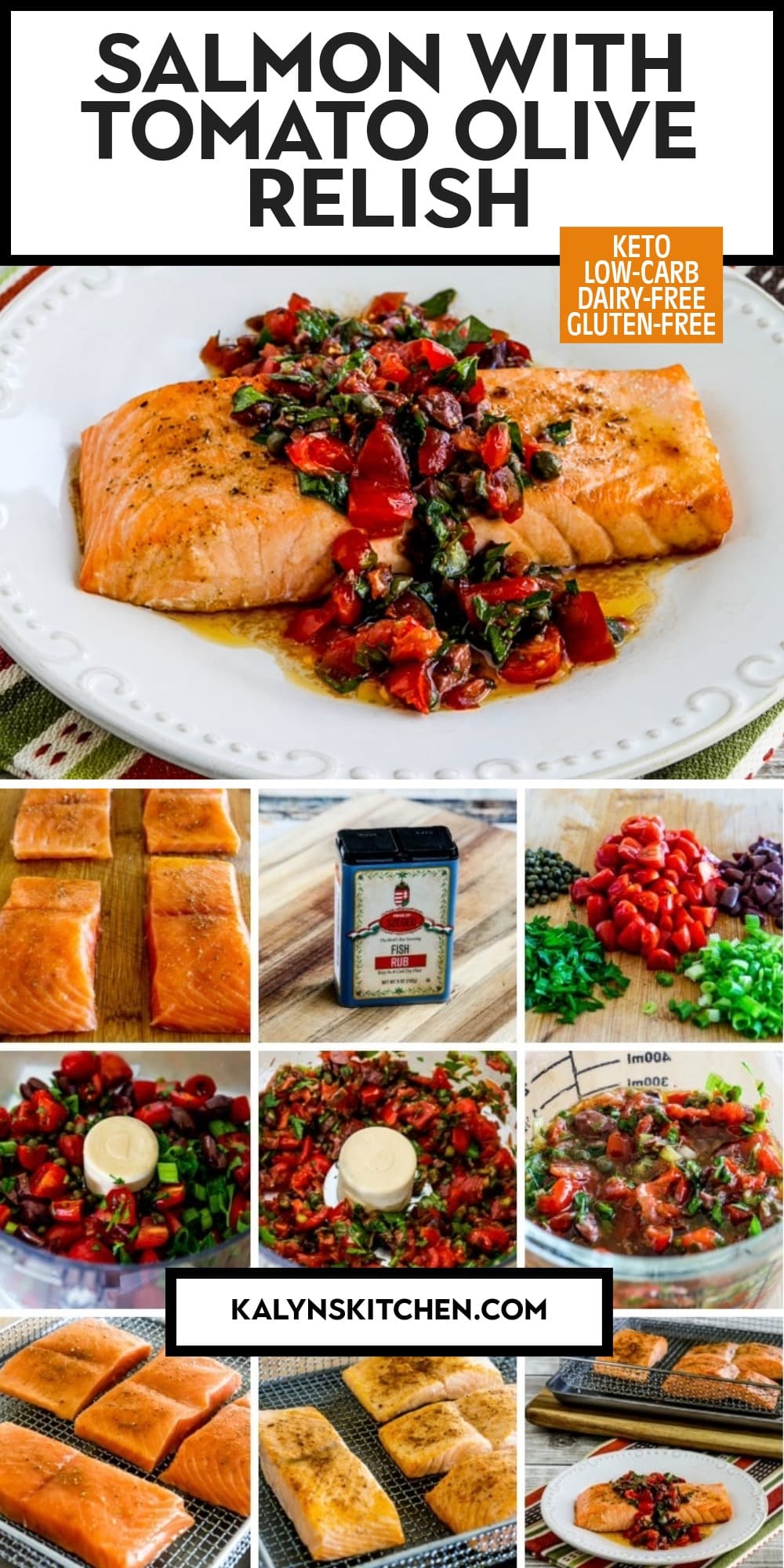 Pinterest image of Salmon with Tomato Olive Relish