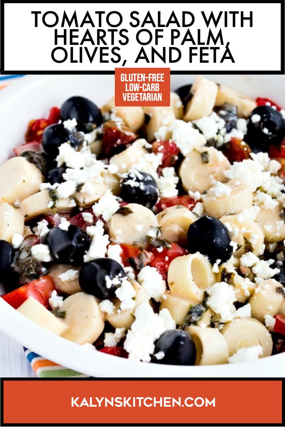 Pinterest image of Tomato Salad with Hearts of Palm, Olives, and Feta