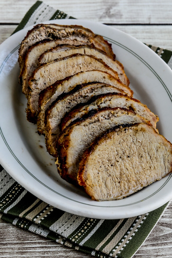 Air Fryer Pork Loin Roast finished roast on serving plate