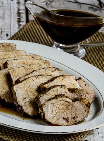 square image of Instant Pot Balsamic Pork Roast on serving platter