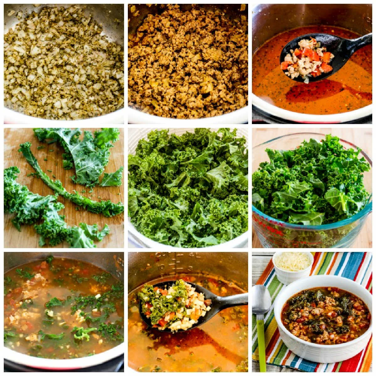 recipe steps collage for Instant Pot Sausage and Kale Soup