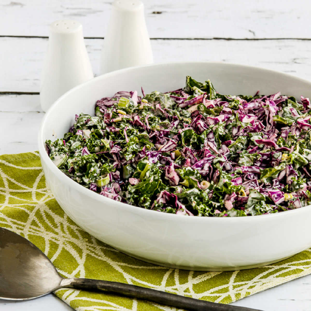 Kale and Red Cabbage Slaw in serving bowl with spoon.