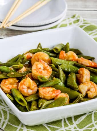 square image for Stir-Fried Shrimp and Sugar Snap Peas in serving bowl