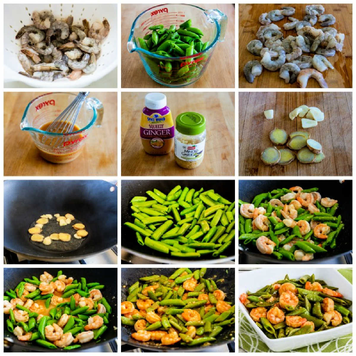 recipe steps collage for Stir-Fried Shrimp and Sugar Snap Peas