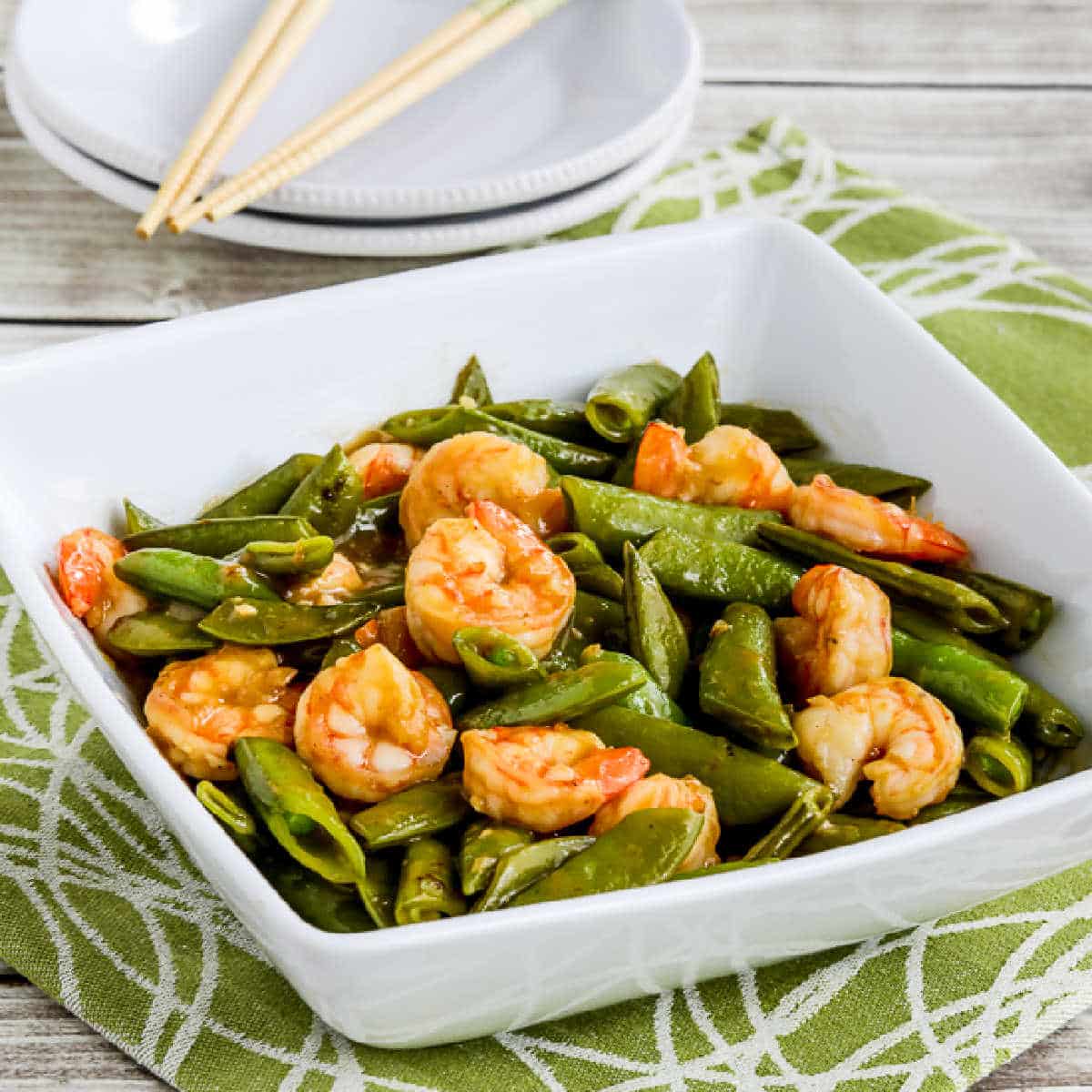 square image for Stir-Fried Shrimp and Sugar Snap Peas in serving bowl