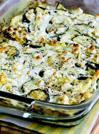 Square image for Zucchini Feta Bake with Thyme shown in baking dish.
