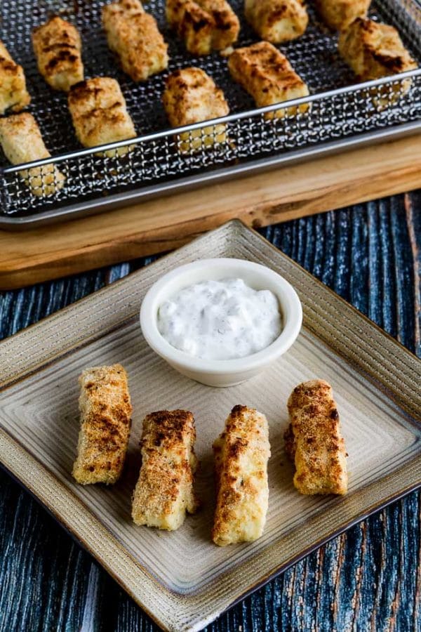 Air Fryer Fish Sticks finished fish sticks with tartar sauce