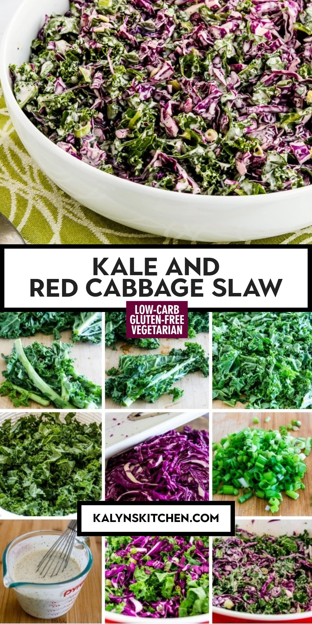 If you even slightly like the flavor of raw kale you're going to love this Kale and Red Cabbage Slaw, and this is good any time of year! And even if you're not that big of a fan of kale, if you like sweet red cabbage I bet you'll enjoy this kale and cabbage salad. [found on KalynsKitchen.com] #KaleCabbageSlaw #KaleCabbageSalad #KaleRedCabbageSlaw