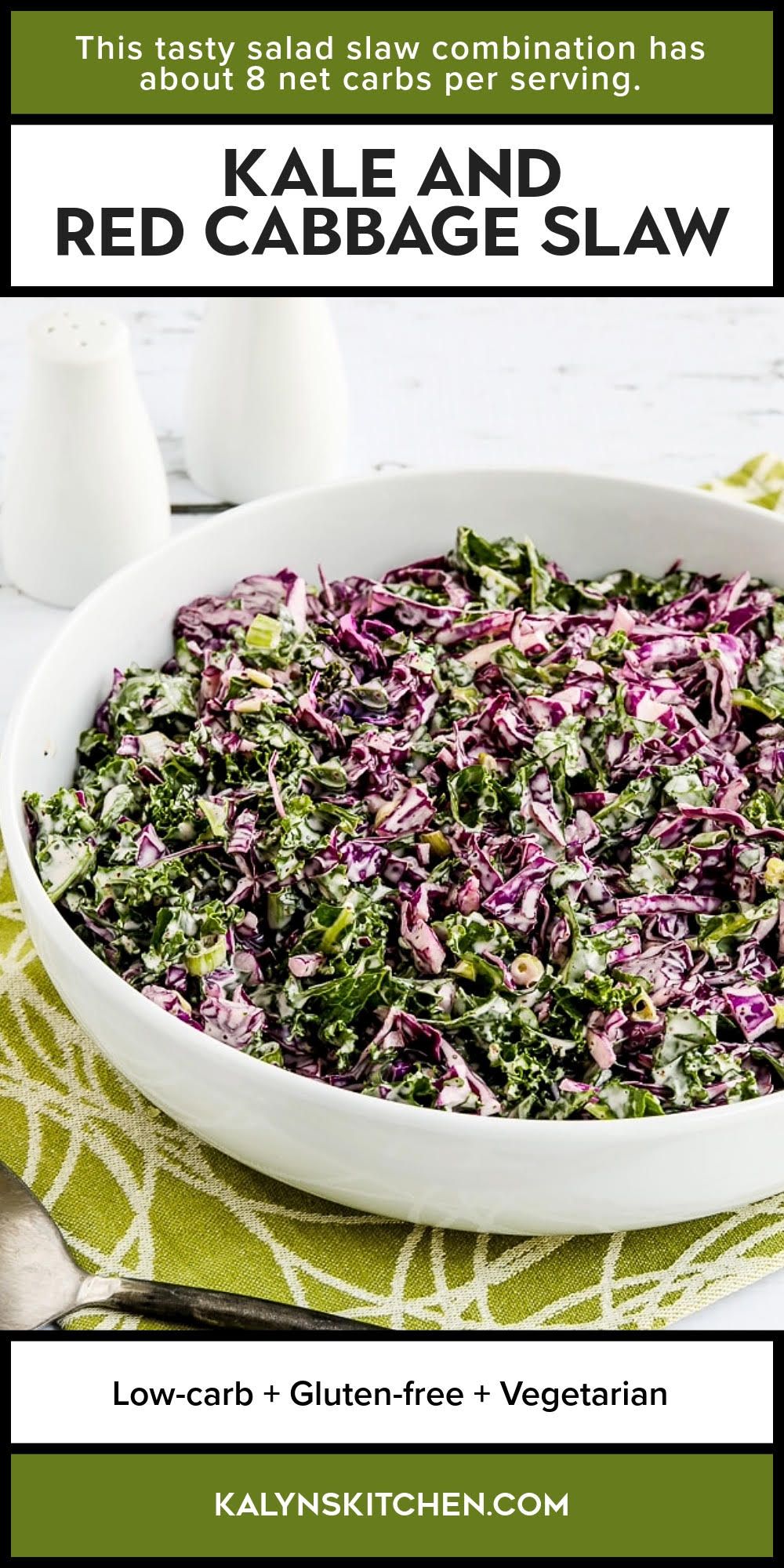 Pinterest image for Kale and Red Cabbage Slaw shown in serving bowl.