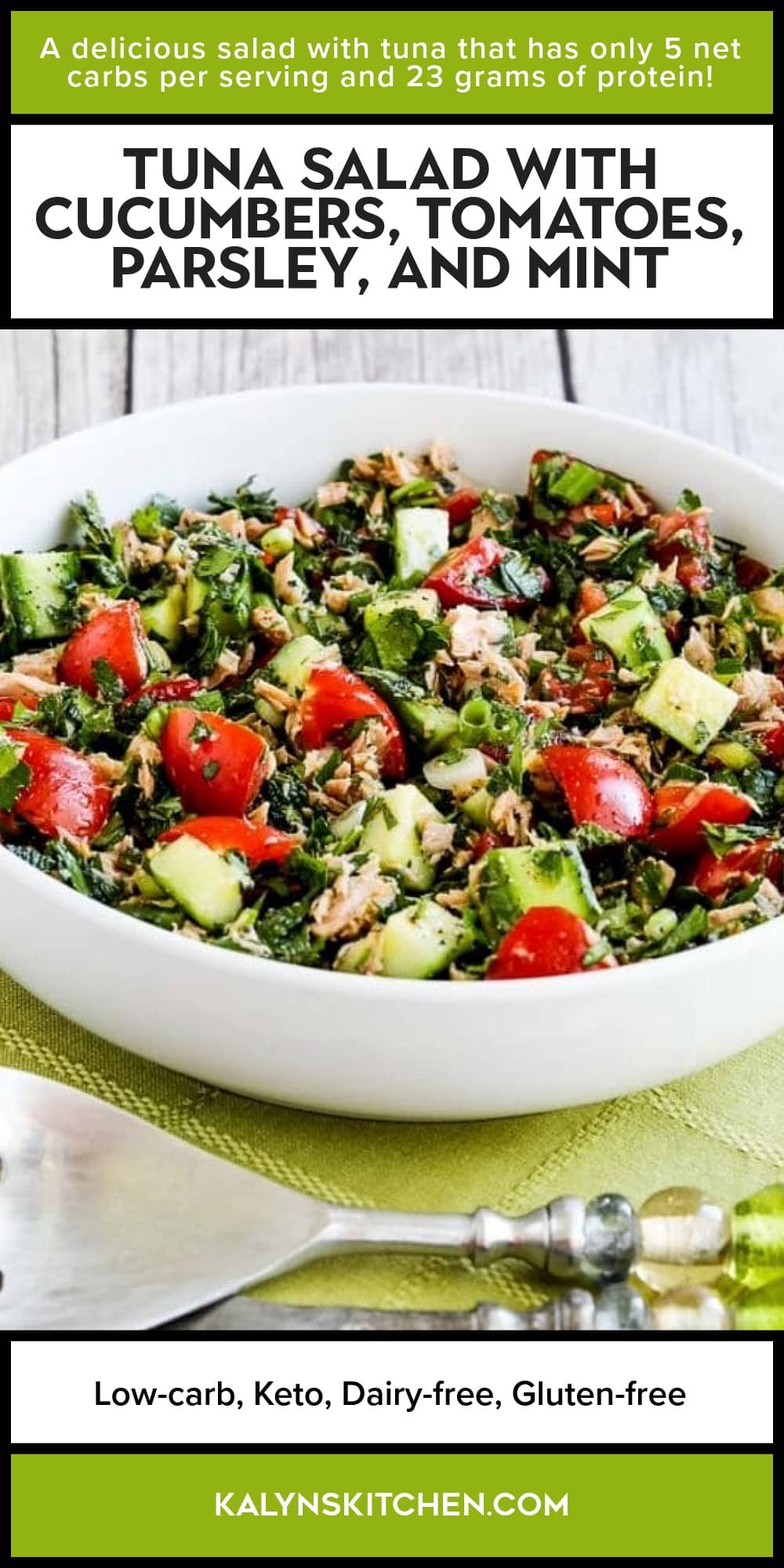 Pinterest image of Tuna Salad with Cucumbers, Tomatoes, Parsley, and Mint